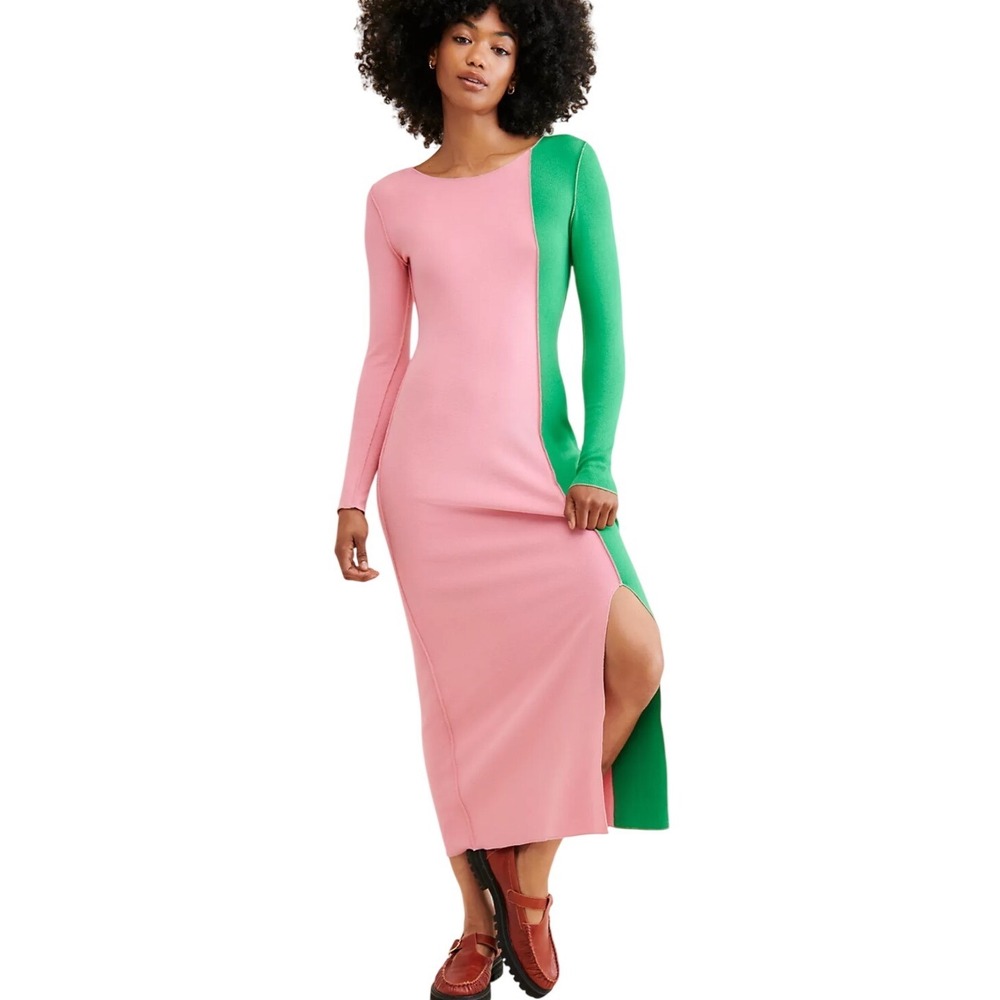 Rita Row Ida Colorblock Knit Dress Size Small Pink Green Good Ribbed Slit